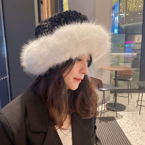 Women's Winter Korean Version Trend Plush Warm Bunny Fur Fisherman Hat Autumn Winter Fleece Ear Warming Face Slimming Bucket Hat