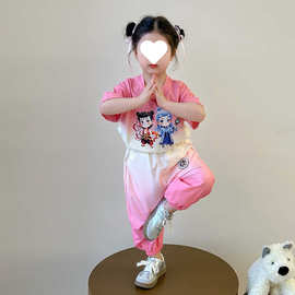 女童夏装渐变T恤长裤两件套2025新款中小童韩版扎染短袖运动套装