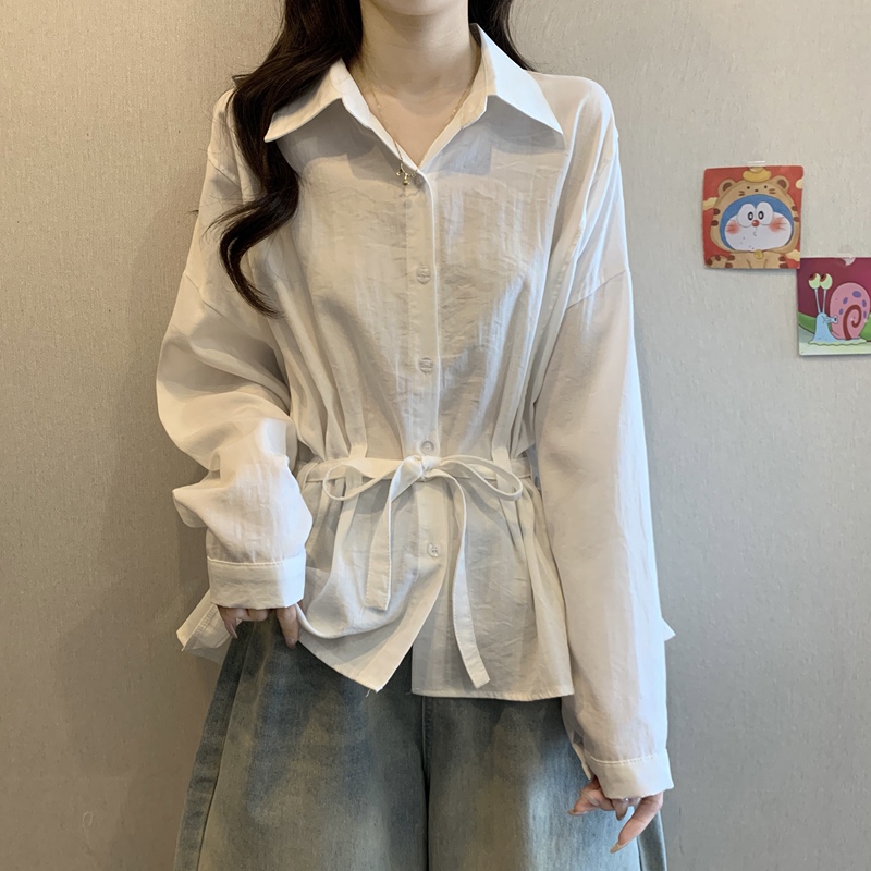 蓝色长袖打底衬衫女春秋新款大码胖mm显瘦遮肚设计感系带收腰上衣|undefined