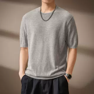 高端老钱风极简天丝亚麻混纺针织衫男士夏季新款通勤圆领短袖T恤