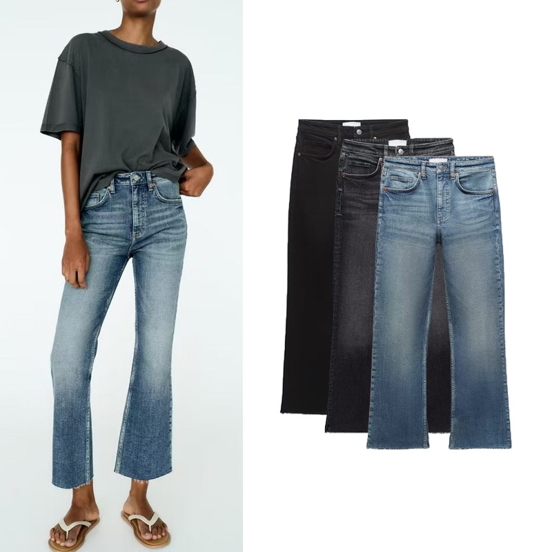 ZA Autumn New straight slim-fit wool-trimmed cotton pants mid-waist and ankle flared jeans 3643217