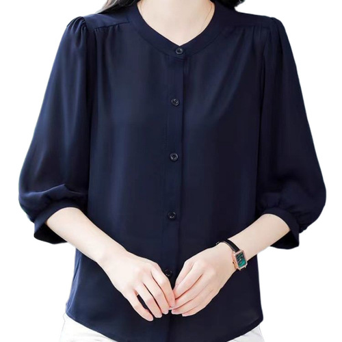 Summer Stand Collar Stylish Slimming Top Solid Color Korean Version Plus Size Mother's Dress Women's Shirt Stomach Cover