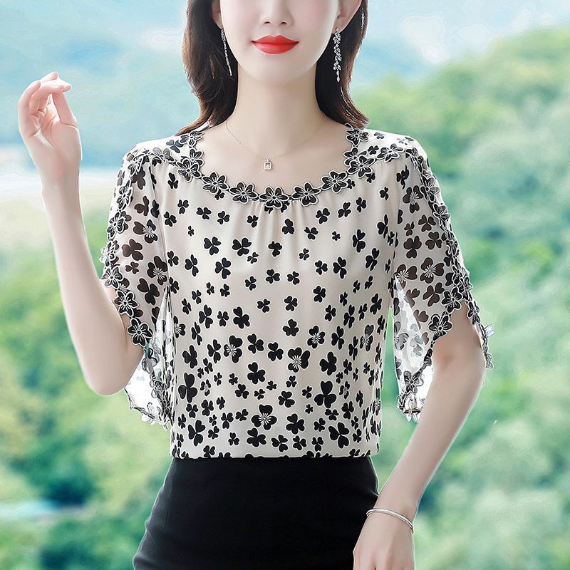 2025 New Summer Slimming Embroidered Sleeve Shirt for Women with Floral Inner Style Shirt