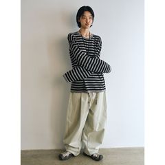 [识时]新品复古条纹撞色圆领长袖宽松百搭羊毛针织衫上衣女V9345
