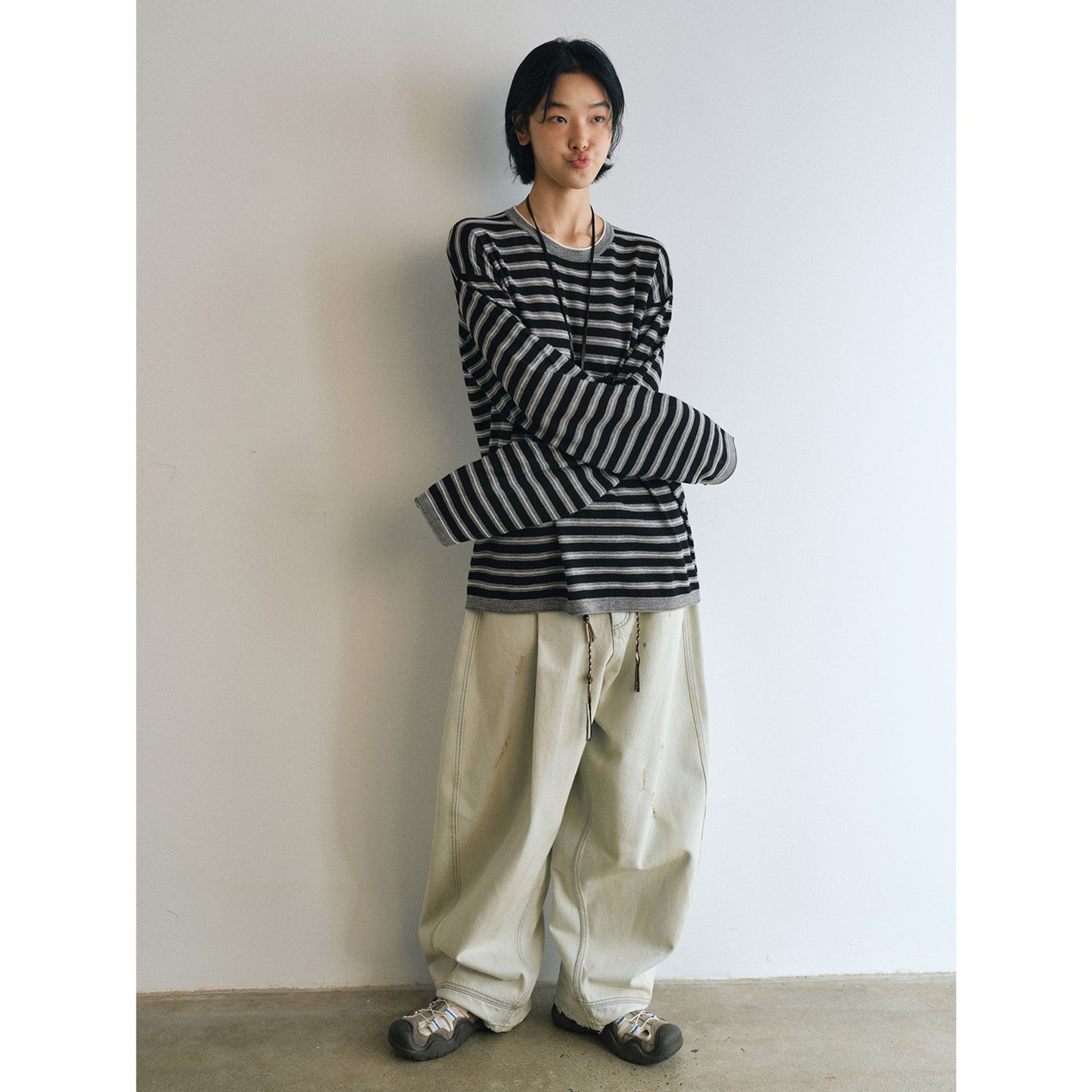 [Timeless] New Retro Striped Color-Blocked Round-Neck Long-Sleeve Loose Versatile Wool Knit Top for Women V9345