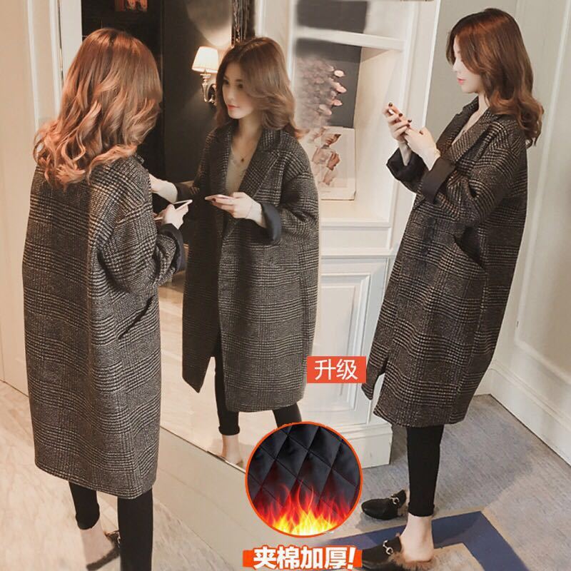 Winter New Korean Style Mid-Length Houndstooth Large Size Woolen Outwear Women's Suit Collar Plaid Over-The-Knee Cocoon-Shaped Outwear