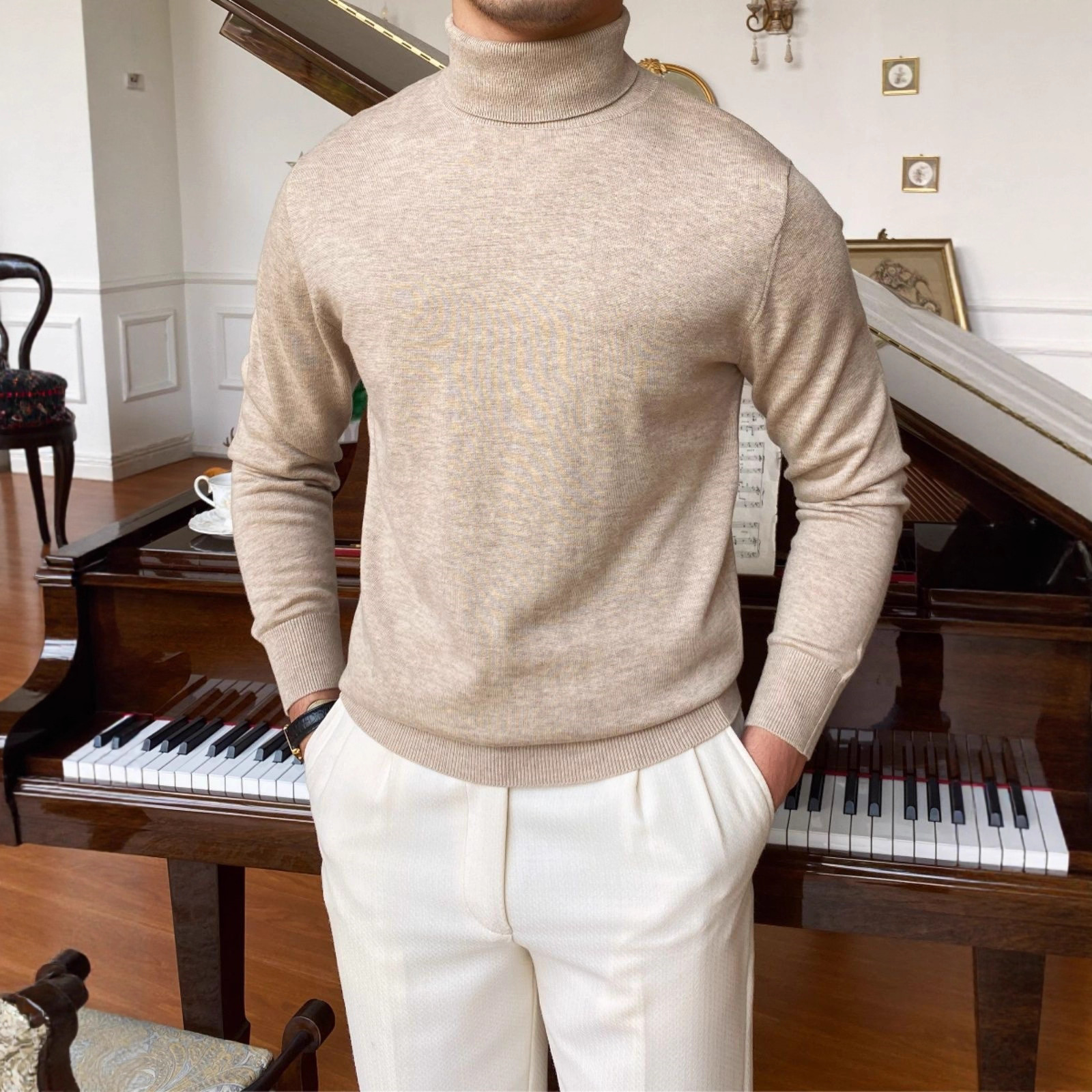 Men's Slim-Fit Turtleneck Sweater – Business Casual Knit Pullover, Wrinkle-Resistant & Warm (M-3XL, 13 Colors)_voghion.com