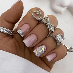 Short, Square, Flashing Ruby French Nails with Glittery White Gradient Design—Stylish European & American-Style Fake Nails for Instagram Looks