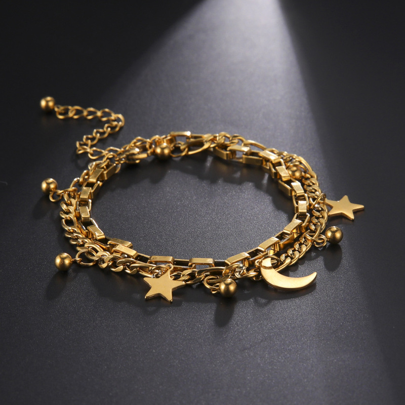 Hot-Selling Internet Celebrity Style Star and Moon Bead Chain, Figaro Chain, Cross Chain, Square Chain, Double-Layer Chain, Stainless Steel Bracelet Hot-Selling Internet Celebrity Style Star and Moon Bead Chain, Figaro Chain, Cross Chain, Square Chain, Double-Layer Chain, Stainless Steel Bracelet