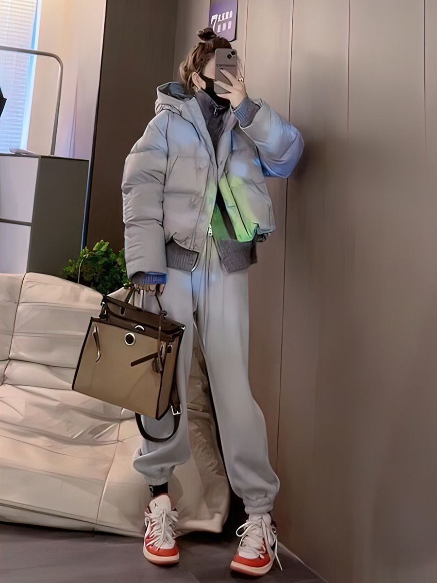 感短款连帽棉服套装女冬季新款时尚洋气外套+休闲裤两件套装