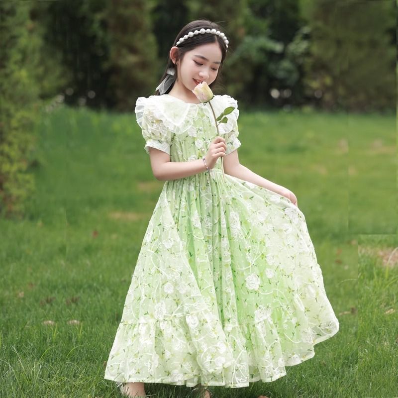 女の子花柄ドレス 2025 新しい夏の子供のプリンセスドレス女の子ファッショナブルなスカート大きな子供のシフォンロングスカート|undefined