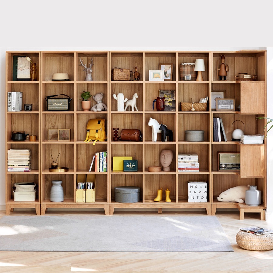 纯实木书柜自由组合橡木背景墙书架北欧简约开放式原木书橱整满墙