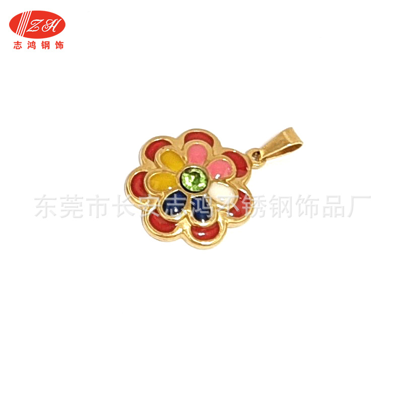 彩色五瓣花diy配件滴胶不锈钢金色吊坠挂件多层感樱花项坠微章