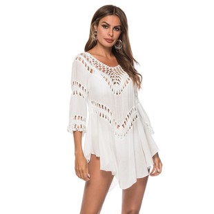 Cross-border Solid Color V-neck Hand Hook Stitching Overalls Sexy Hollow Loose Beach Bikini Blouse Skirt plus size Women's Clothing