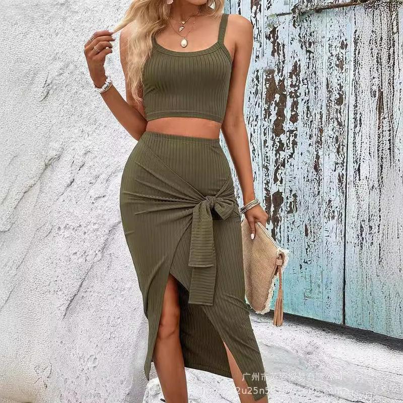 European and American 2026 Spring and Summer New Women's Fashion Ribbed Camisole Solid Color Top with Slit Bow Skirt