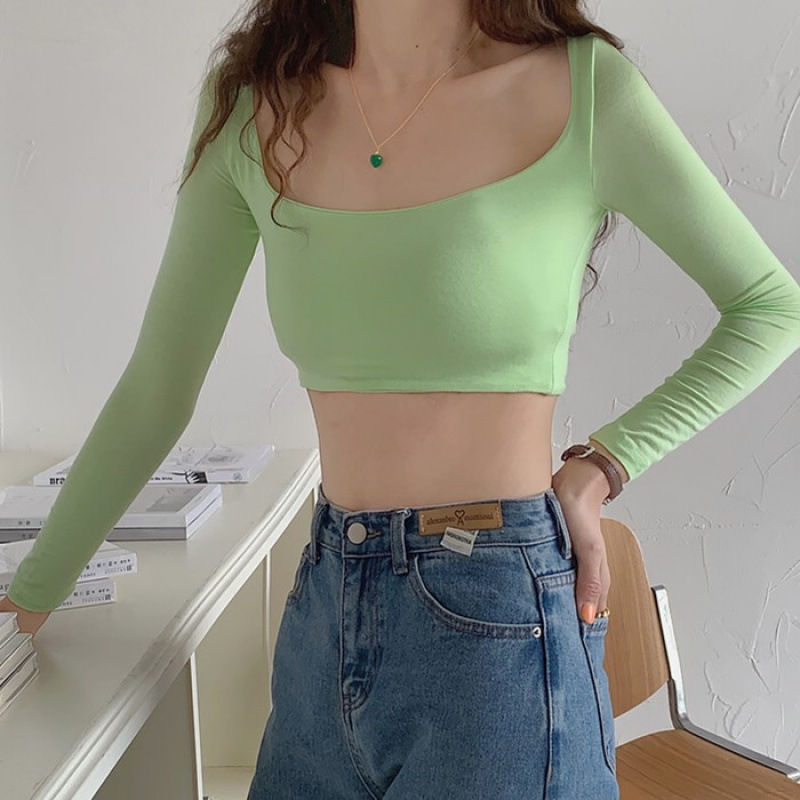 Backless Lace-Up Short Long-Sleeve T-Shirt for Women, New Spring and Autumn Square Neck Slim Fit Hot Girl Short Tee Top