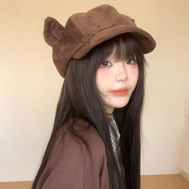 麂皮绒猫耳贝雷帽子女秋冬季新款纯色复古百搭八角帽显脸小画家帽|undefined