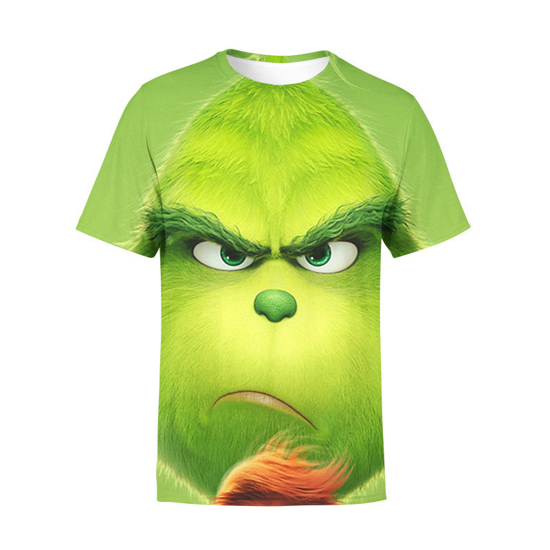 Trendy European and American T-shirt 3D digital printing cross-border new Christmas green hair monster The Grinch
