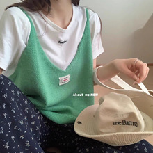 韩系简约纯色贴标针织马甲女短款两面穿宽松坎肩无袖毛衣叠穿上衣