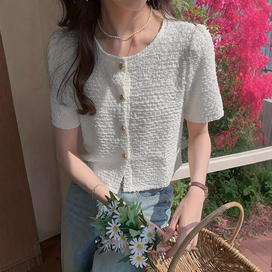 Женская блузка в французском стиле с круглым вырезом и коротким рукавом, хит продаж на Amazon, летний дизайн 2025 года, стильная и элегантная.
