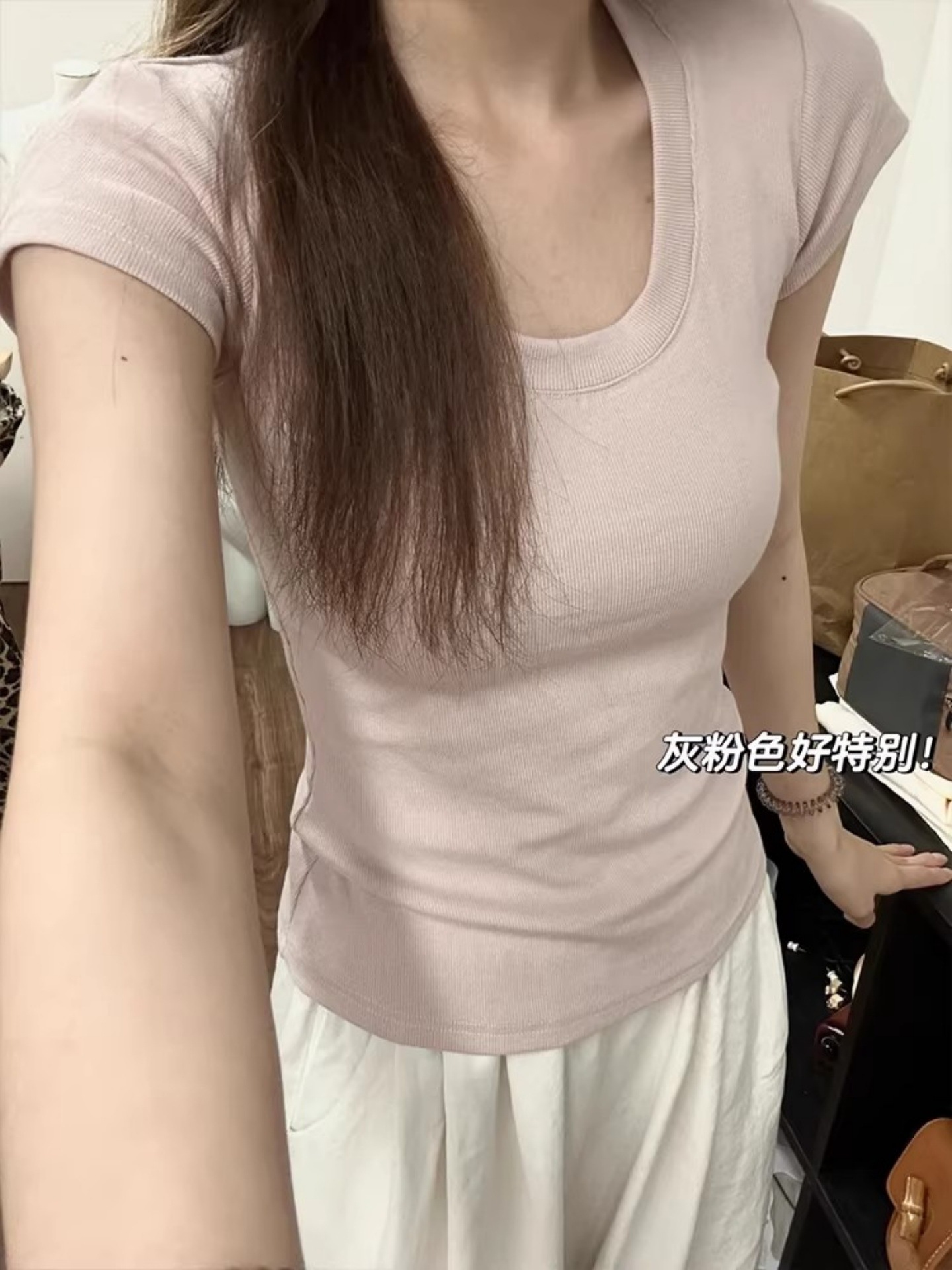 Gray Premium Cotton U-Neck Short-Sleeve T-Shirt for Women, Summer Simple Versatile American Style Slim-Fit Waist-Cinching Top
