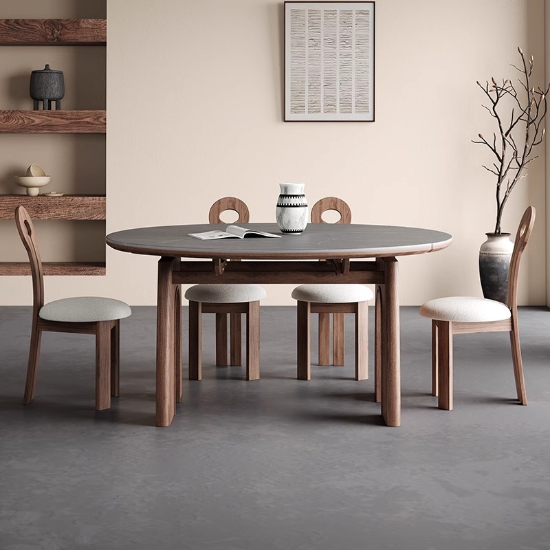 Mesas y sillas de comedor plegables de madera maciza de estilo antiguo, tablero de roca 2024, nuevo estilo americano, mesa redonda retráctil cuadrada variable, pequeño apartamento