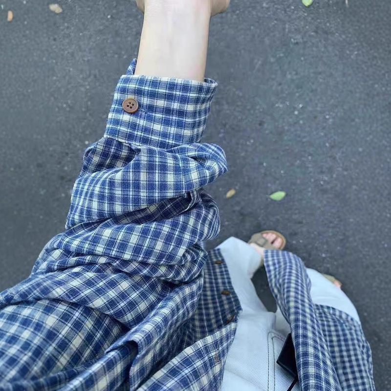 Blue Plaid Striped Long-sleeved Shirt 2025 New Arrival Men's Spring and Autumn Shirt for Small Men French Retro Jacket