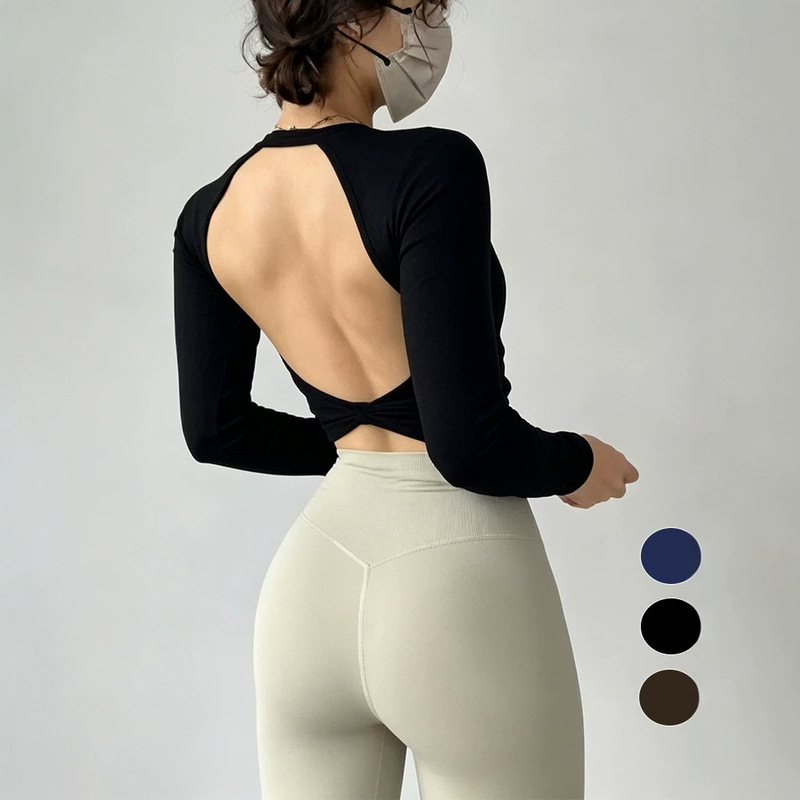 Yoga Long-Sleeved Women's Sexy Backless Short Sports T-Shirt with Fixed Chest Pads and Waist-Cinching Design for Body Shaping and Fitness
