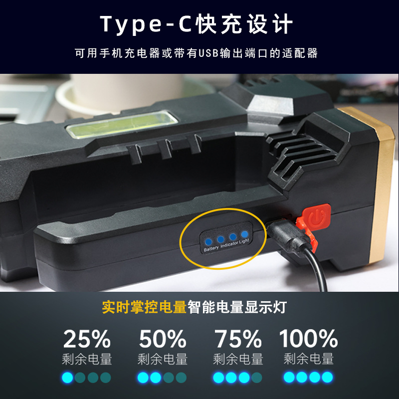 Luz fuerte de alta potencia multifuncional larga duración al aire libre luz de foco portátil COB luz lateral LED camping linterna de montaña