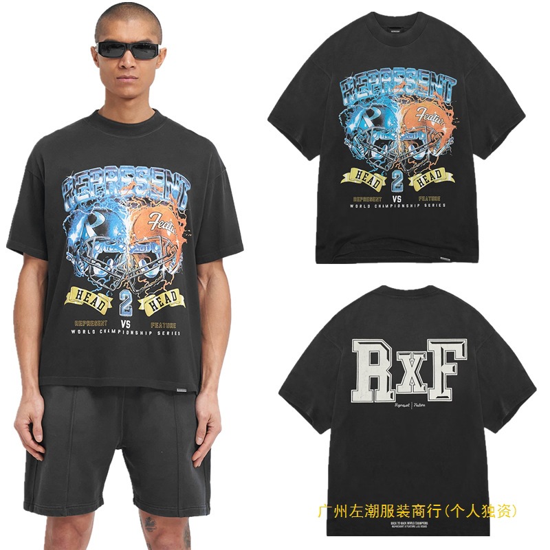 美式足球超级碗联名限定款头盔冰与火字母印花做旧刺绣短袖T恤