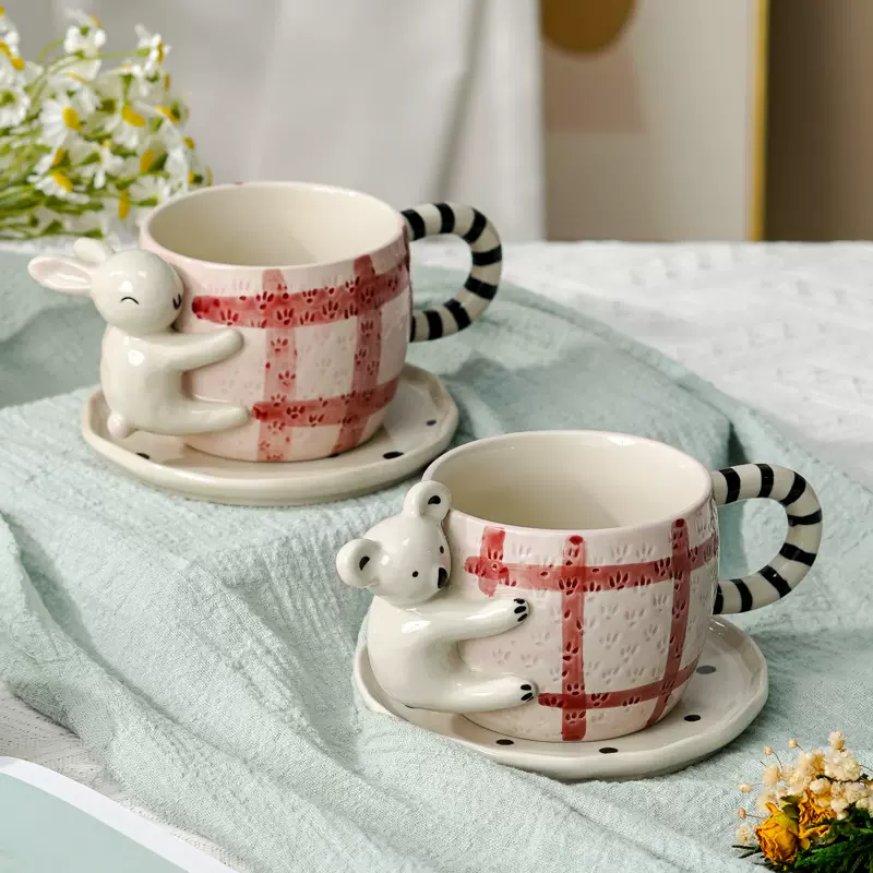 手捏考拉兔子咖啡杯女生可爱韩式茶杯轻奢精致早餐杯碟陶瓷釉下彩