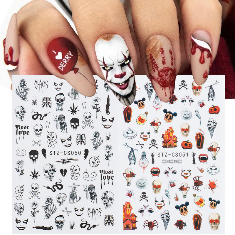 Cross-border new nail stickers ins Halloween skull autumn maple leaf pumpkin ghost festival adhesive nail decals