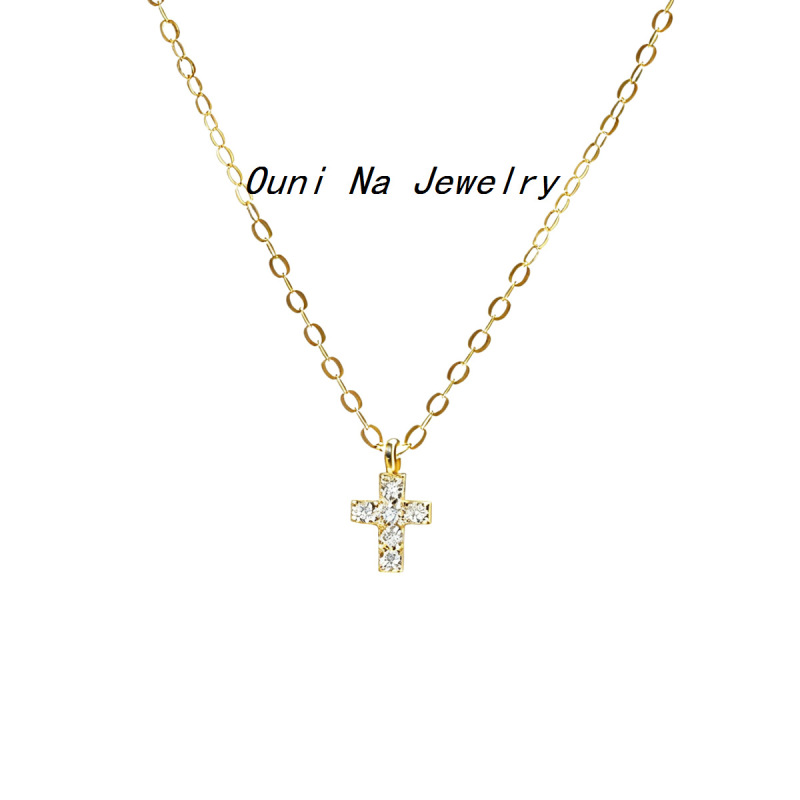 S925 Sterling Silver Plated 14k Gold Mini Diamond Cross Necklace Women's Japanese Niche Slim Clavicle Chain