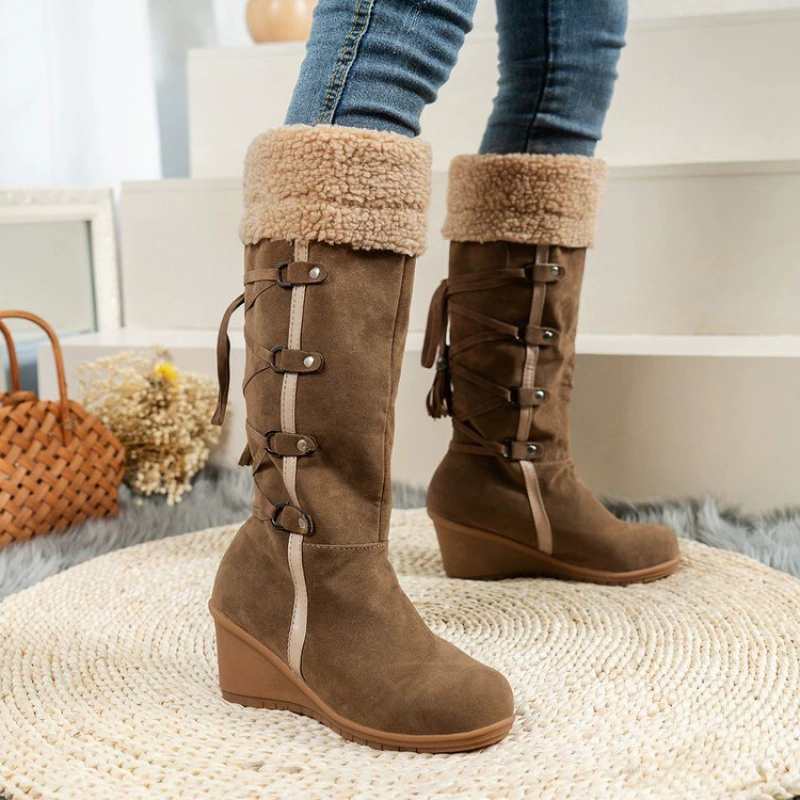 Трансграничная Внешняя торговля Amazon 2022 осень и зима Новые высокие сапоги на шнуровке с кисточками больших размеров 43, зимние сапоги из овечьей шерсти
