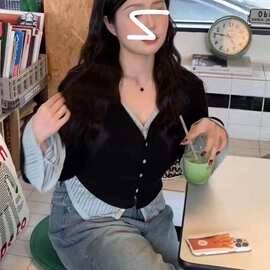 大码学院风假两件设计长袖上衣女夏季微胖妹妹高级感显瘦遮肉小衫