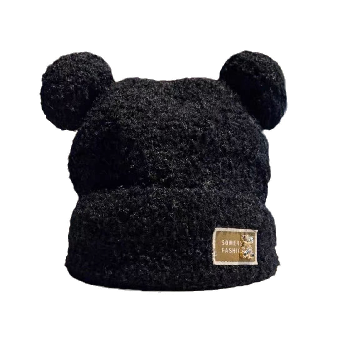 Petit bonnet ours pour femme, couleur kaki, à pompon, chaud pour l'hiver, épais, protection des oreilles, joli bonnet tricoté pour les étudiantes_voghion.com