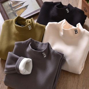 Boys' Korean style western style top 2024 autumn and winter New fashionable fleece-lined half turtleneck bottoming shirt letter bottoming shirt trendy