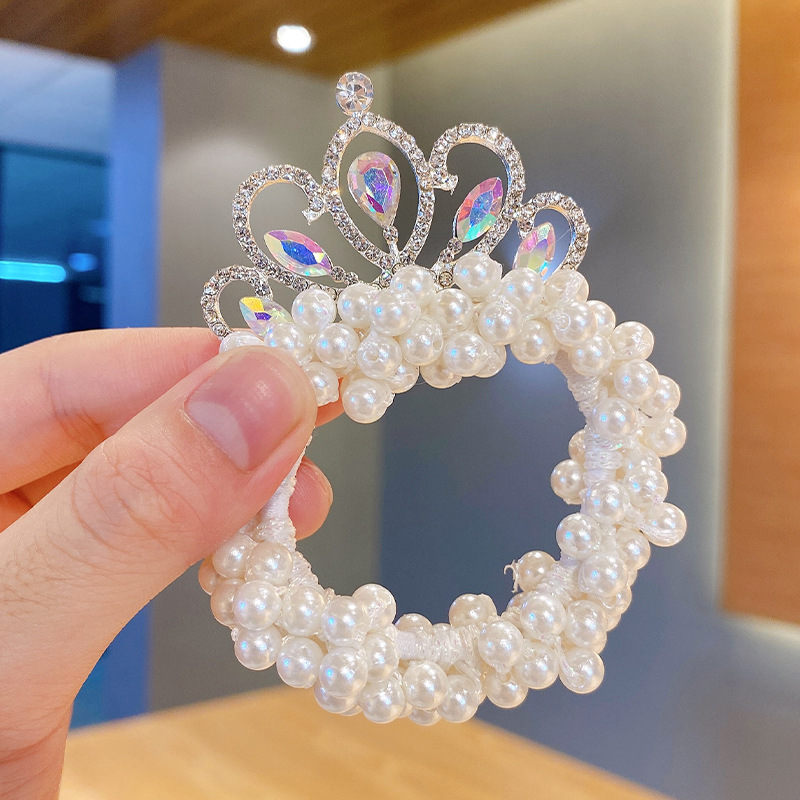 Tocado de la corona de la princesa de los niños cabeza de la bola de perlas banda de pelo cuerda de pelo niña lazo de goma banda tocado flor accesorios para el cabello
