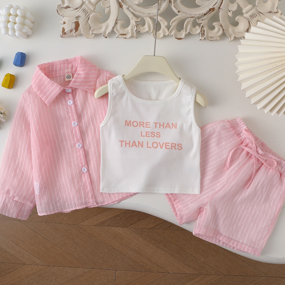 6717 Girls Suit 2025 Summer New Children's Striped Sun Protection Clothing Long Sleeve Shirt Vest Shorts Three-Piece Set