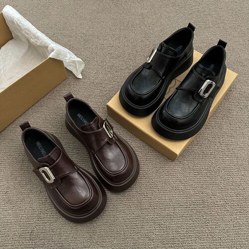 2025 Spring Black Thick Sole Small Leather Pump Slip-On Versatile Single Shoes Retro British Style Loafers for Women