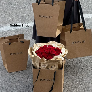 加厚牛皮手提袋t型高级感花束包装袋ins复古花束袋花店资材批发