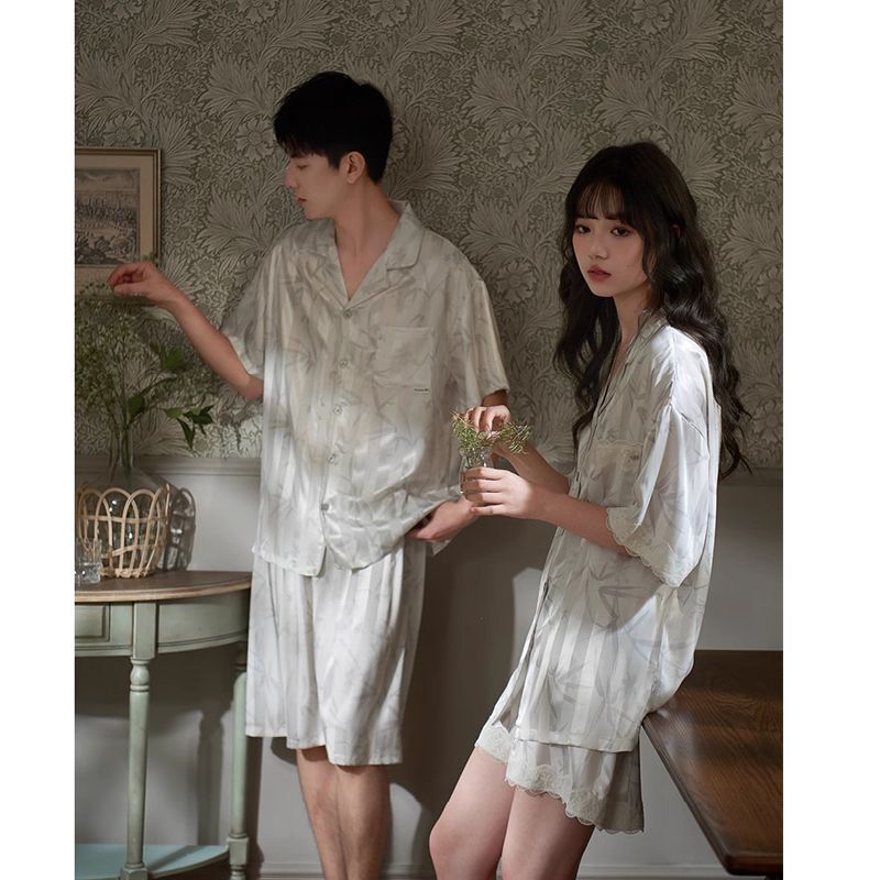 Summer Couple's Ice Silk Short-sleeved Shorts Two-piece Casual Printed Lar Cardigan Home Wear Outer Thin