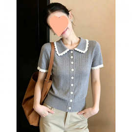灰色polo领短袖针织开衫女款2026新款夏季高级感气质女士薄款上衣