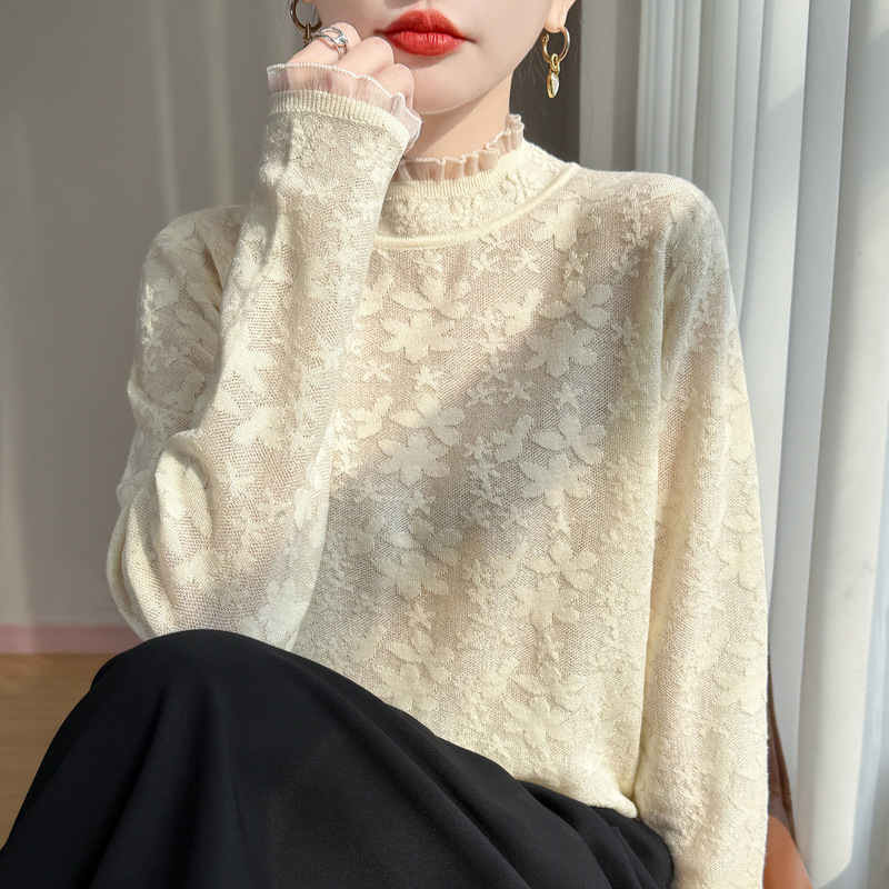 French Gentle Style Lace Half Turtleneck Jacquard Knitted Sweater for Women 2025 New Style Warm Bottoming Shirt