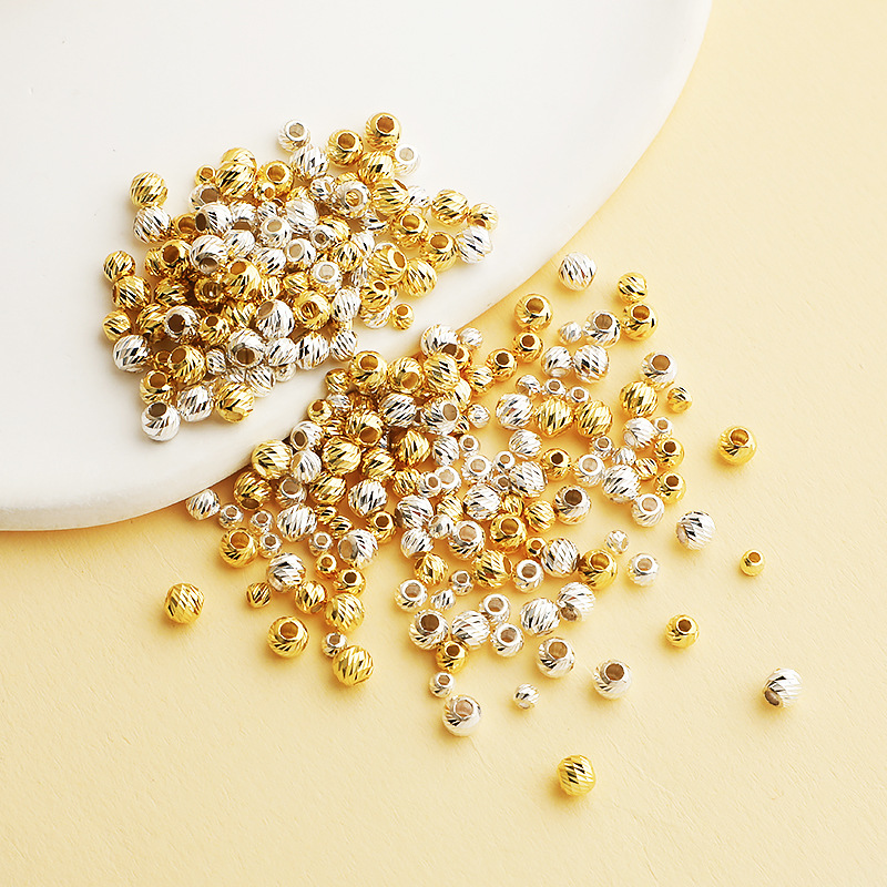 s925纯银精工斜纹珠车花隔珠DIY串珠手链项链圆珠散珠饰品配件