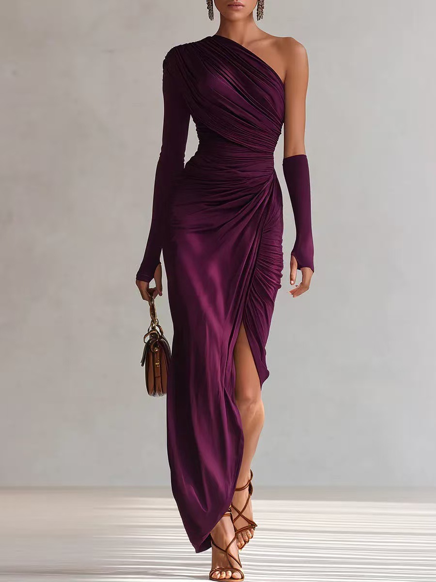 Women's Clothing Spring Autumn Elegant French Style Dress Solid Color Textured Long Sleeve New Fashion Ladies Gown_ecoleips.com
