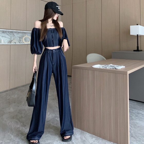 Japanese and Korean Wear Denim Suit Cross-border 2023 Personalized Design Off-shoulder Short Lantern Sleeve Top High Waist Wide Legs
