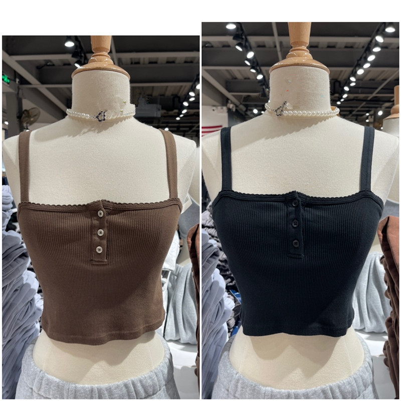 Bm Style New Three-Button Square Collar Bottoming Suspender Lace Vest High-Waisted Short Slim-Fitting Inner Top for Women Summer