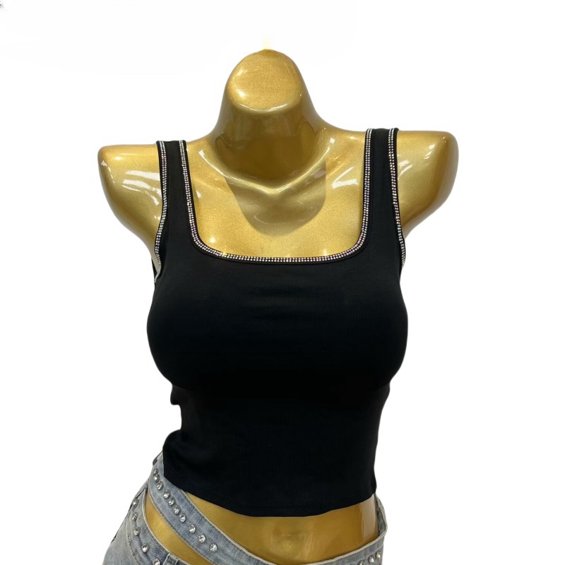 Fashion French Square Collar Inner Vest Skin-friendly Camisole Chest Pad Sleeveless Outer Wear Knitted Pullover Women's Wear with Diamond