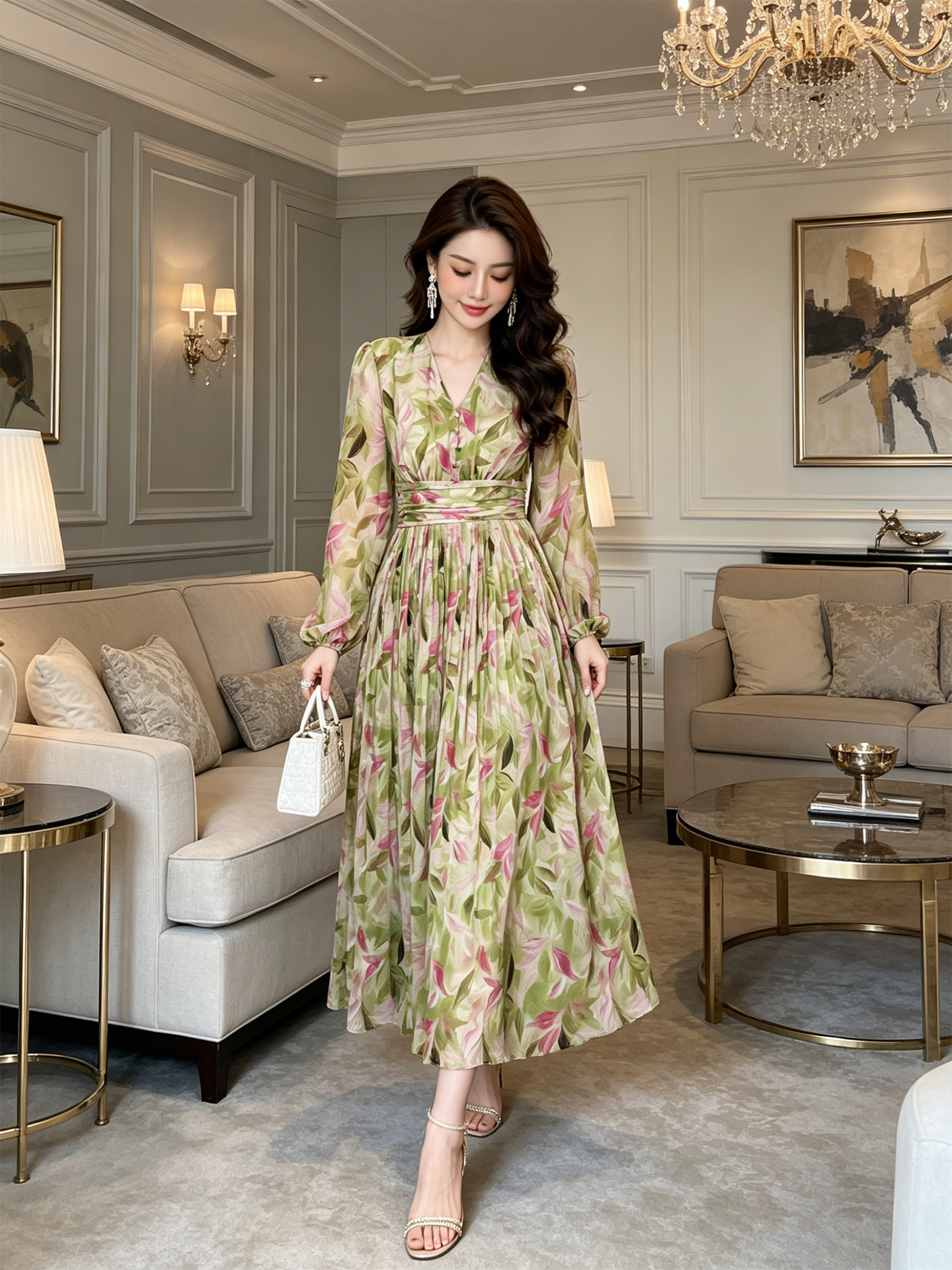 Đầm maxi nữ cổ V in họa tiết thắt eo xòe rộng dáng dài — xanh lá cây